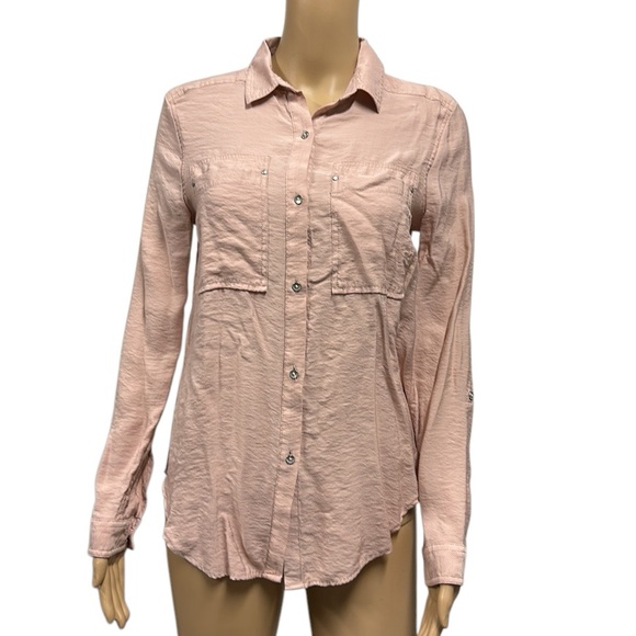 Calvin Klein Jeans Dusty Rose Button Down‎ Roll Tab Long Sleeve Blouse Womens S - Picture 1 of 11